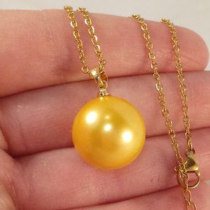 Yellow Gold 925 Silver Golden Shell Pearl Pendant Chain Necklace 16mm